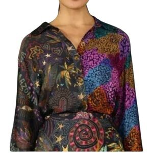 Farm Rio Mixed Black Prints Lenzing Ecovero Viscose Button Shirt In Multi Sz XL